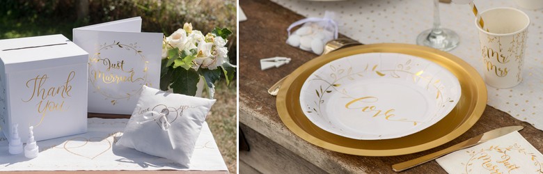 Ecritures en or sur fond blanc pour cette gamme d' articles de décoration de table de mariage